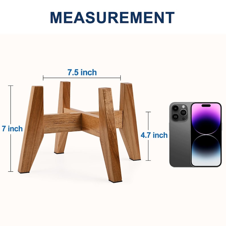 May include: A light brown wooden plant stand with a cross-shaped base and four angled legs. The stand features the text "RambleLand" on one side. Dimensions are clearly labelled as 7 inches in total height, 7.5 inches wide, and 4.7 inches tall.