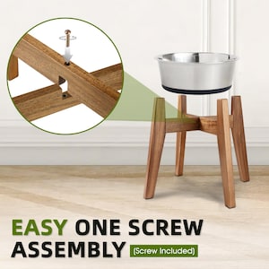 May include: A stainless steel pet bowl with a black base rim, resting on a brown wooden stand with four angled legs. A circular inset shows the wooden stand pieces interlocking with a single metal screw being inserted for assembly.