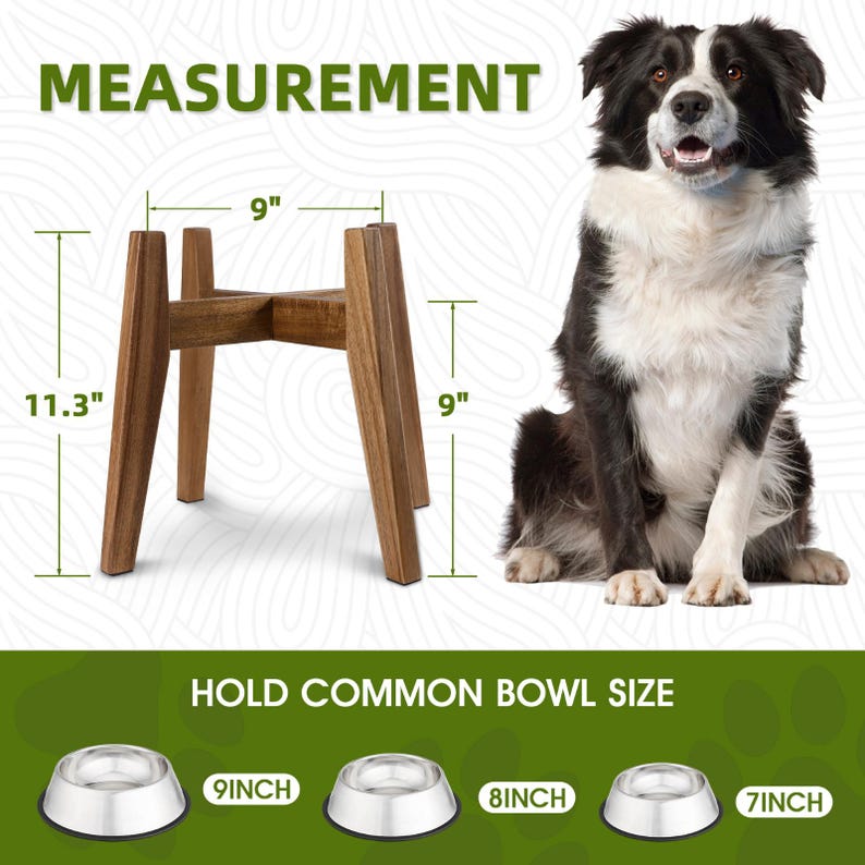 May include: A wooden pet bowl stand with four legs, measuring 11.3 inches in total height and 9 inches in width. The stand is shown next to a dog and three stainless steel bowls labelled 9 inches, 8 inches, and 7 inches for size reference.