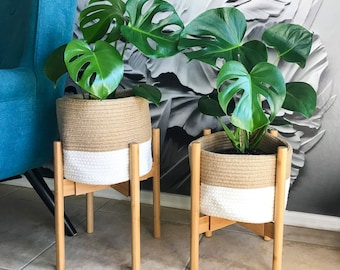 Mid Century Modern Wood Plant Stand: Adjustable Indoor Planter