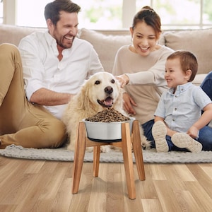 May include: A stainless steel pet bowl filled with brown kibble, resting in a raised wooden stand with four angled legs. The bowl features a dark grey silicone base ring, providing a stable and elevated feeding station for a household pet.