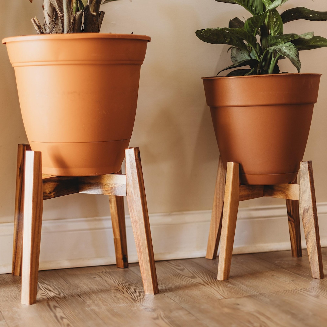 Mid Century Modern Plant Stand, Acacia Wood Indoor Plant Stand