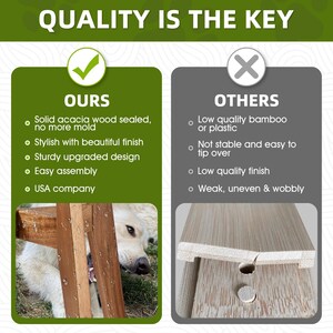 May include: A comparison chart titled QUALITY IS THE KEY. The left side shows solid acacia wood with water droplets and a dog, labelled OURS. The right side shows light-coloured bamboo or plastic material with a crack, labelled OTHERS with a grey X.