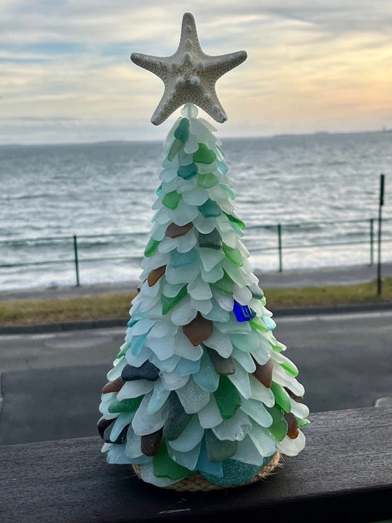 シーグラスアート&硝子のツリー二点セット 12インチのマルチカラーの本物