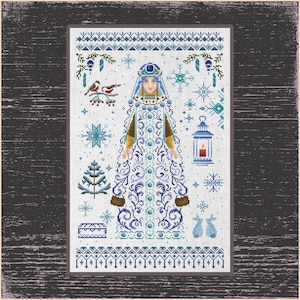 Slavic sampler with traditional Slavic ornaments, humanization of winter, young girl Snow Maiden, Winter Theme