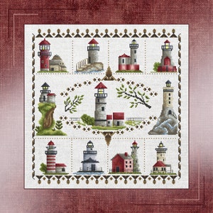 Oceanfront Lighthouses Cross-Stitch Collection – Nautical Craft Patterns, Sampler of nine lighthouses, DIY Coastal Decor Cross-Stitch Set