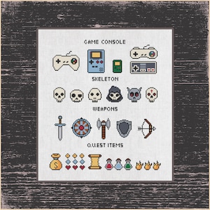 May include: A black and white pixel art design featuring a game console, skeletons, weapons, and quest items. The design includes a game controller, a game console, a skull, a hooded figure, a sword, a shield, a bow and arrow, a bag of coins, hearts, a scroll, and potions.