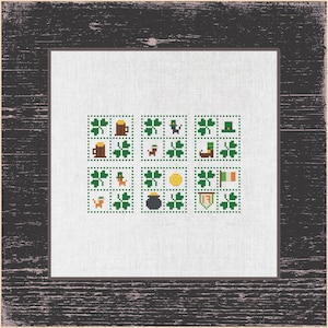 Conjunto de patrones de punto de cruz para el Día de San Patricio: diseños festivos de bordado irlandés, plantillas de punto de cruz con símbolos tradicionales irlandeses.