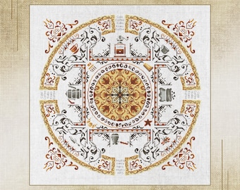 Vintage Coffee Lovers Cross-Stitch Pattern - Sophisticated Crafters Embroidery, Mandala Coffee Cross Stitch Pattern,  Elegant Home Decor
