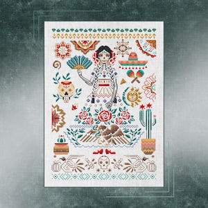 El día de los Muertos, bordado Catrina, adornos tradicionales mexicanos, cultura de méxico, sampler mexicano, punto de cruz