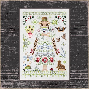 Traditional Slavic sampler, folklore counted cross stitch pattern, summer embroidery designs, vintage Quaker cottage decoration