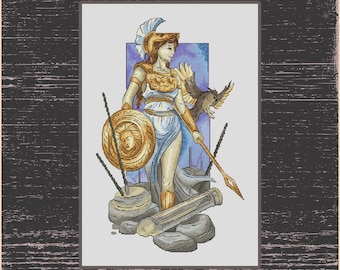 Athena's Vigil: Greek Goddess Cross Stitch Pattern - Mythical Warrior Embroidery Chart, Myth & Majesty - Goddess in Ancient Ruins