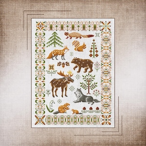 Nature&#39;s Harmony: Forest Animals Cross Stitch Design - DIY Crafting Delight, Sampler Forest animals, Charming Wildlife Cross Stitch Sampler