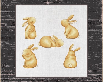 Conjunto de adorables patrones de punto de cruz de conejos para manualidades de Pascua, paquete de patrones de punto de cruz de conejitos de Pascua de inspiración vintage