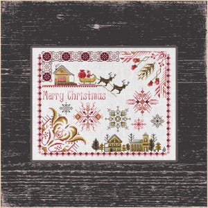 Vintage-Inspired Christmas Cross-Stitch Chart: Reindeer Sleigh and Cozy Homesteads,  Merry Christmas Sampler with Reindeer and Snowflakes