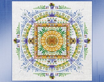 Floral Mandala Cross-Stitch Pattern with Geometric Borders - Handmade Herbal Elegance, Boho Chic Herbal Elegance Design, Summer Mandala
