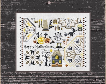 Wees creatief met het kruissteekpatroon 'Happy Halloween', spookachtig handgemaakt decor: kruissteekpatroon met Halloween-thema