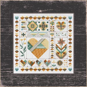 Heart and Floral Motifs Cross-Stitch Pattern - Modern Valentine's Day Patchwork Sampler,  Patchwork Sampler with Geometric Design
