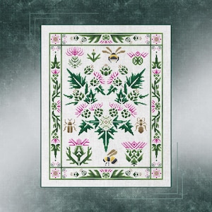 Thistle Sampler Cross Stitch Pattern - Botanical Flowers and Bees Embroidery, Nature-Themed Cross-Stitch Sampler Pattern