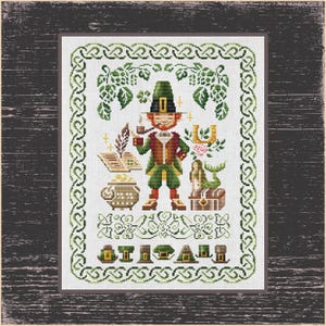 Whimsical Leprechaun Cross Stitch Sampler - DIY Pattern, Irish Luck! Leprechaun Cross Stitch Pattern - Traditional Sampler Design