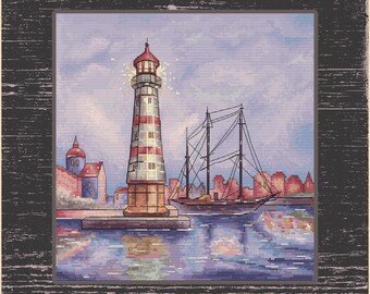 Nautical Lighthouse Cross Stitch Pattern | Malmö Sweden Sailboat Design | Vintage Coastal Decor, Charming Coastal Scene | Nautical Home Art