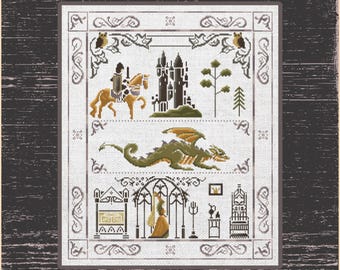 Verzaubertes Königreich Kreuzstichvorlage Ritter, Drachen & Burg Motive, Drachenburg Sampler Kreuzstichmuster, Mittelalterliches Fantasy Stickbild