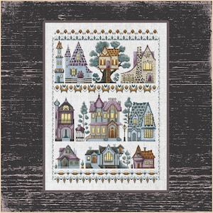 Lilac Fairytale Houses Sampler Cross Stitch Pattern, Storybook Village Sampler Cross Stitch Chart, Sampler «Fairytale houses in lilac tones»