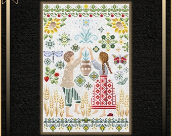 Slavic sampler, kids summer, boy and girl on summer holiday, ornament cross stitch, cross stitch for beginners, Ukrainian country side