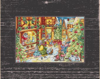Winter Wonderland Cross-Stitch Pattern: Festive Animals in Snowy Village Scene, Christmas Village, Animals Enjoying Winter Festivities