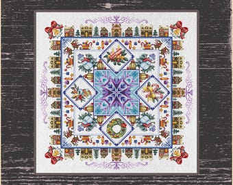 Folk Art Christmas Mandala Cross-Stitch Pattern - DIY Holiday Embroidery, Heirloom Quality Cross-Stitch Design, Architectural Village