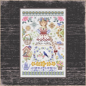 Tradycyjny słowiański sampler, folklorystyczny haft krzyżykowy dla początkujących, wzór wiosennej ozdoby, wzory do haftu, vintage'owy sampler kwakrów