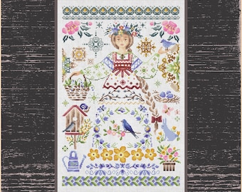 Traditional Slavic sampler, folklore counted cross stitch for beginners, spring ornament pattern, embroidery designs, vintage Quaker sampler