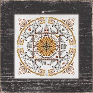 May include: A detailed cross-stitch design featuring a central mandala with coffee-themed motifs. The design includes coffee cups, grinders, and text that reads "Cafe, Kafa, Kawa, Kaffee". The color palette consists of brown, gold, and cream.