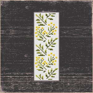 Primitives Mimosas Lesezeichen Kreuzstichmuster, Design für botanische Natur, gelbe grüne botanische Kreuzstichvorlage, rustikales Mimosas Lesezeichen
