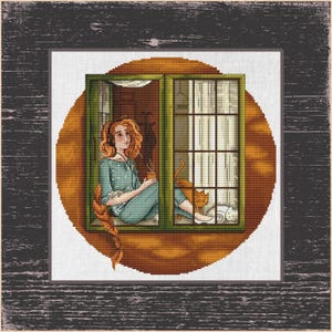 Cat Lover&#39;s Cross Stitch: Peaceful Evening with Girl & Cats, Cozy Cat Scene Embroidery Design, Woman with Kitty on Window, Autumn Serenade