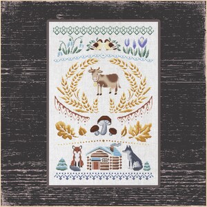 Seasons Sampler Cross Stitch Pattern - Rustic Cabin Design, Rustic Charm Cross Stitch Pattern - Forest Animals & Flowers, Idyllic Meadow
