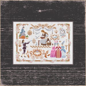 Moments de conte de fées : élégant motif au point de croix de l'histoire de Cendrillon, rêves de pantoufles de verre, prince charmant vous attend, magie de minuit