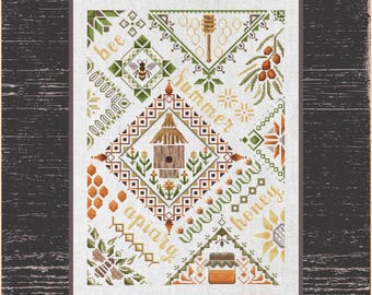 Korsstygnsmönster med sommarbigård och honung - Naturinspirerad broderidesign, handgjord korsstygnsdiagram med bi och blommor