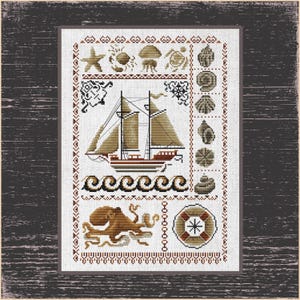 Nautical Adventure Cross-Stitch Pattern: Sailing Ship & Maritime Motifs, Oceanic Voyage Themed Cross-Stitch Pattern with Anchors, Shells