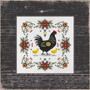 Rustic Hen & Chicks Cross Stitch Pattern - DIY Farmhouse, DecorCountry Chicken Family Cross-Stitch Chart - Primitive Sampler
