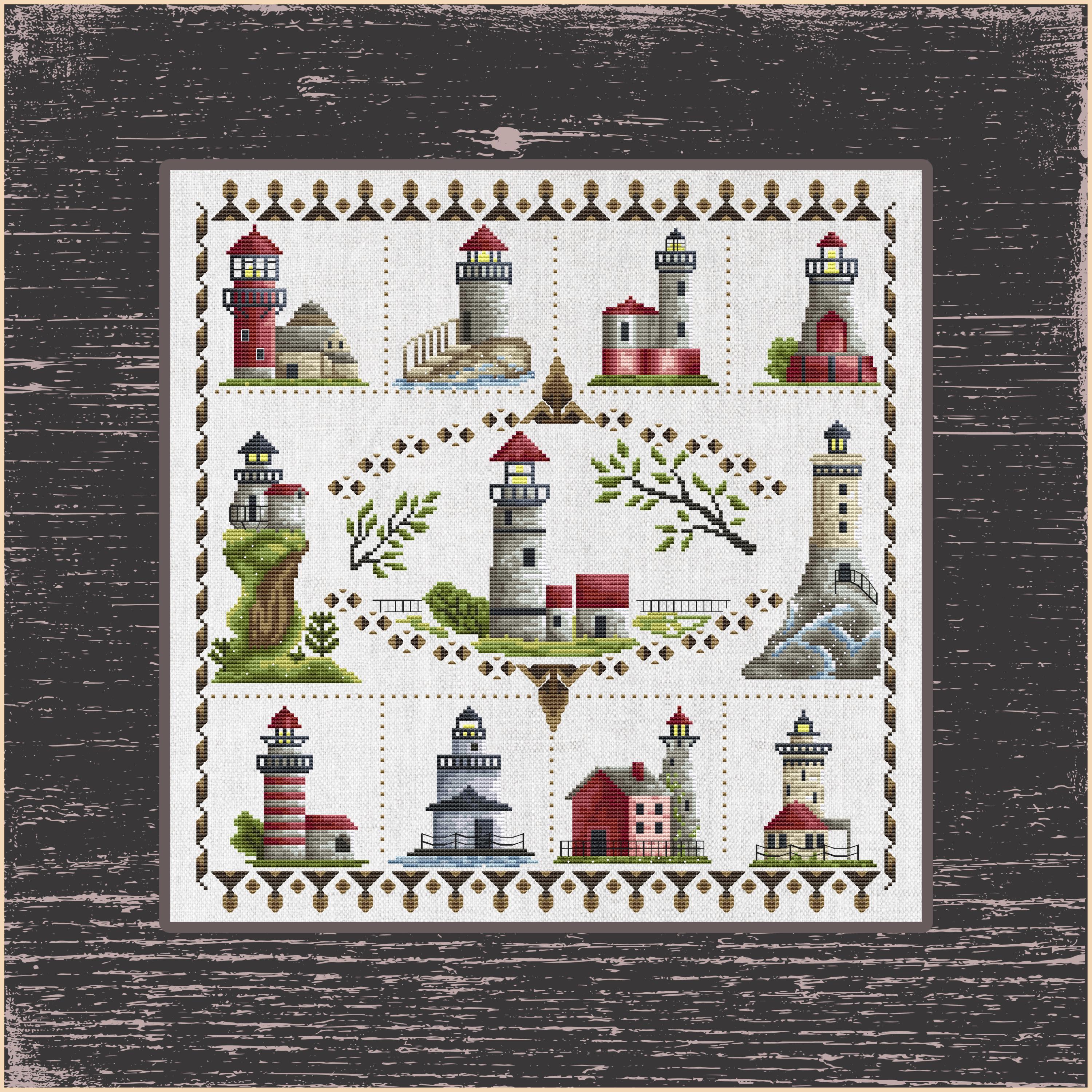 Oceanfront Lighthouses Cross-Stitch Collection – Nautical Craft Patterns, Sampler of nine lighthouses, DIY Coastal Decor Cross-Stitch Set