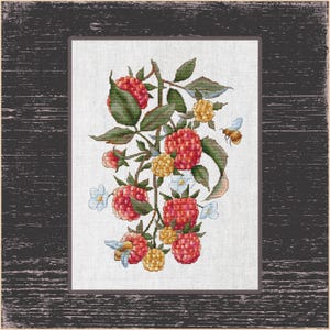 Puede incluir: Obra de arte de punto de cruz que representa una rama de frambuesas con bayas rojas y amarillas, hojas verdes y pequeñas flores blancas. También hay dos abejas presentes. La obra está enmarcada en un marco de madera oscura y envejecida.