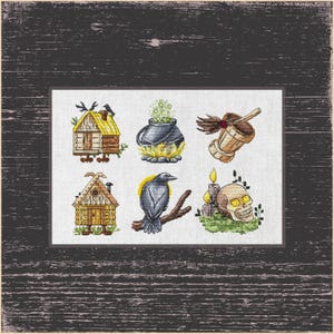May include: Cross-stitch sampler featuring six Halloween-themed designs. Includes a witch's cauldron, a crow on a branch, a skull with candles, a wooden bucket, and two small houses. The designs are set against a white background.