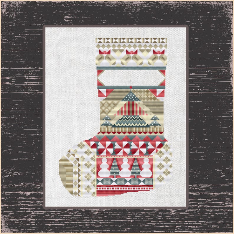Sampler «Kerstsok rood patchwork patroon», feestelijke kruissteek kous - knutselproject kerst, doe-het-kerstdecoratie afbeelding 1