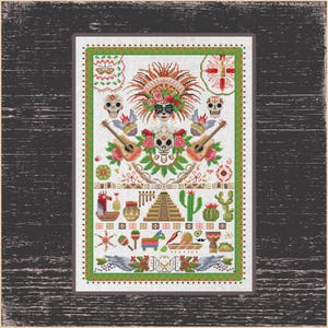 Mexican Sampler Cross Stitch Pattern - El Día de Muertos Folklore Embroidery Design, Day of the Dead Mexican Samplers