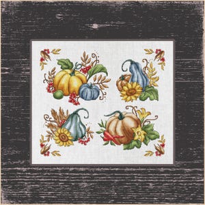 Punto de cruz de calabaza y girasol para decoración otoñal, bordado rústico de otoño: huerto de calabazas, punto de cruz de la cosecha de otoño