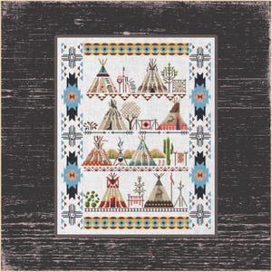 Kulturelles Teepee Dorf Kreuzstich Muster, Indigene Stickerei, Wigwam - die Behausung der Indianer, Handgemachtes Native American Design