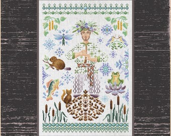 Mid Summer Sampler Cross Stitch, Slavic sampler, summer adventure design, Slavic folklore design, nature design