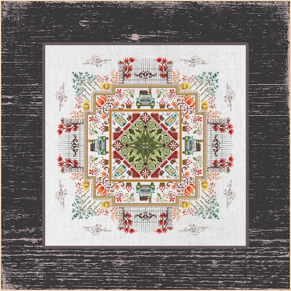 Mandala Trip to Autumn Garden - Pumpkin Cross Stitch Pattern, Heritage Style Fall Cross-Stitch Chart - Botanical Mandala Theme