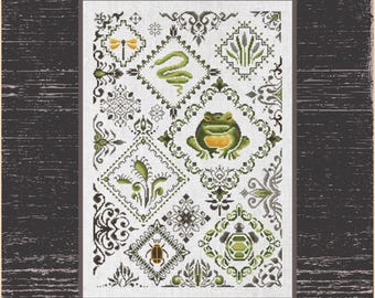 Whimsical Frog and Friends  in the Swamp Cross Stitch Pattern - Nature-Themed Design with Snake, Dragonfly & Beetle, Unique Sampler Pattern